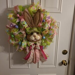 Easter Bunny Spring Wreath - Pink & Green Holiday Door Decor